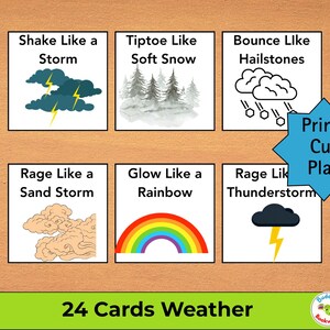 May include: A set of six weather-themed flashcards with illustrations and text. The cards feature images of storms, snow, rainbows, and thunderstorms. The text includes phrases like "Shake Like a Storm" and "Glow Like a Rainbow". The words "Print Cut Play" are also visible.