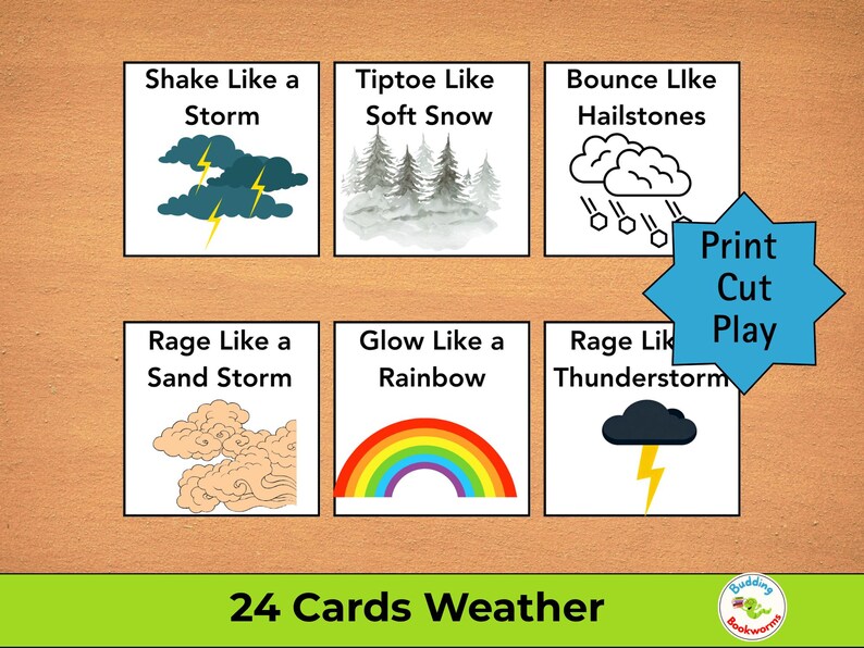 May include: A set of six weather-themed flashcards with illustrations and text. The cards feature images of storms, snow, rainbows, and thunderstorms. The text includes phrases like "Shake Like a Storm" and "Glow Like a Rainbow". The words "Print Cut Play" are also visible.