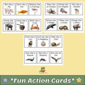 May include: A set of colorful flashcards with animal illustrations and action verbs. Each card features an animal and an action, such as "Roll Like a Pig" or "Dive Like an Owl." The phrase "Fun Action Cards" is at the bottom.