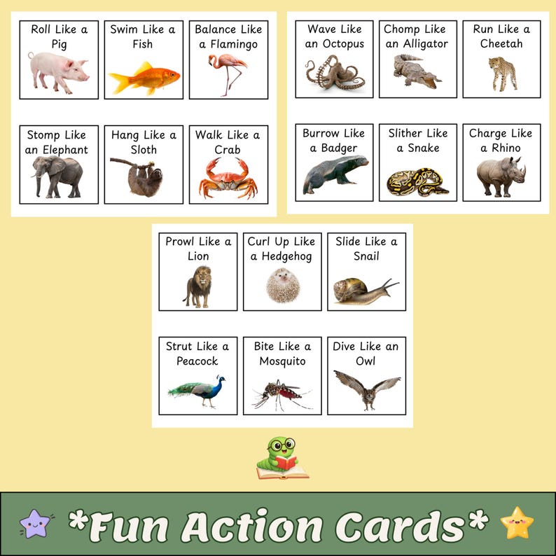 May include: A set of colorful flashcards with animal illustrations and action verbs. Each card features an animal and an action, such as "Roll Like a Pig" or "Dive Like an Owl." The phrase "Fun Action Cards" is at the bottom.
