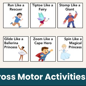 May include: A colorful graphic featuring six illustrations of children acting out different movements. The text above each image reads: Run Like a Rescuer, Tiptoe Like a Fairy, Stomp Like a Giant, Glide Like a Ballerina Princess, Zoom Like a Cape Hero, and Spin Like a Magical Princess. The words "Gross Motor Activities" are at the bottom.