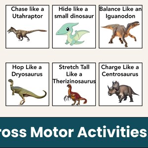 May include: Educational poster featuring dinosaur illustrations with action prompts. Includes a Utahraptor, small dinosaur, Iguanodon, Dryosaurus, Therizinosaurus, and Centrosaurus. Text reads "Gross Motor Activities."