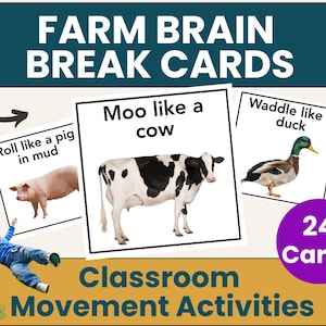 May include: Educational cards with farm animal illustrations and movement prompts. The cards feature a pig, cow, and duck, with phrases like "Roll like a pig in mud" and "Moo like a cow." The set includes 24 cards for classroom activities.