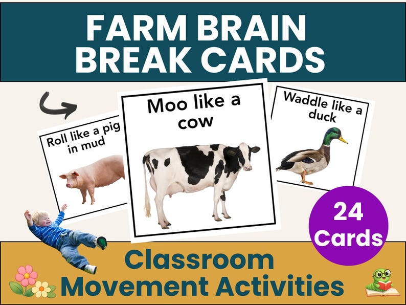 May include: Educational cards with farm animal illustrations and movement prompts. The cards feature a pig, cow, and duck, with phrases like "Roll like a pig in mud" and "Moo like a cow." The set includes 24 cards for classroom activities.