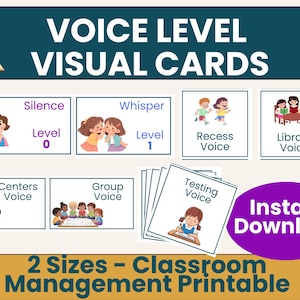 Puede incluir: Tarjetas visuales de nivel de voz con ilustraciones y texto para la gestión del aula. Incluye etiquetas para Silencio Nivel 0, Susurro Nivel 1, Voz de recreo, Voz de biblioteca, Voz de grupo y Voz de examen con una insignia morada de descarga.