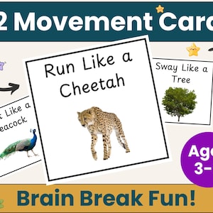 May include: Educational movement cards for ages 3-8, featuring illustrations and instructions for physical activities. Cards include prompts like "Run Like a Cheetah" and "Sway Like a Tree." The set includes 42 cards, promoting brain breaks and fun.