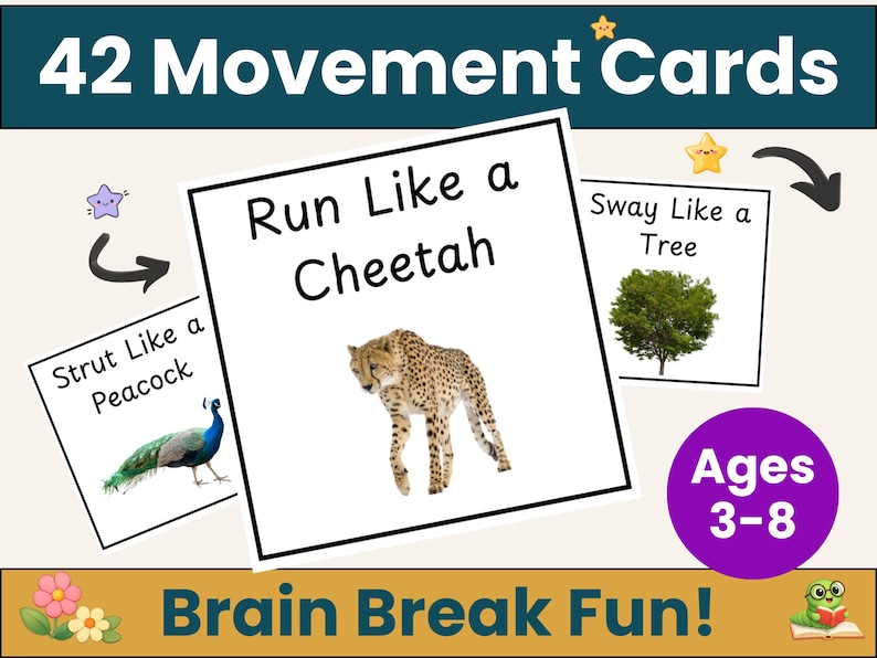 May include: Educational movement cards for ages 3-8, featuring illustrations and instructions for physical activities. Cards include prompts like "Run Like a Cheetah" and "Sway Like a Tree." The set includes 42 cards, promoting brain breaks and fun.