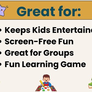 K&ouml;nnte beinhalten: Werbegrafik mit dem Text &bdquo;Ideal f&uuml;r:&ldquo; gefolgt von Aufz&auml;hlungspunkten: &bdquo;Unterhaltung f&uuml;r Kinder&ldquo;, &bdquo;Bildschirmfreier Spa&szlig;&ldquo;, &bdquo;Ideal f&uuml;r Gruppen&ldquo; und &bdquo;Lustiges Lernspiel&ldquo;. Das Bild enth&auml;lt Cartoon-Sterne und ein zeichnendes Kind.
