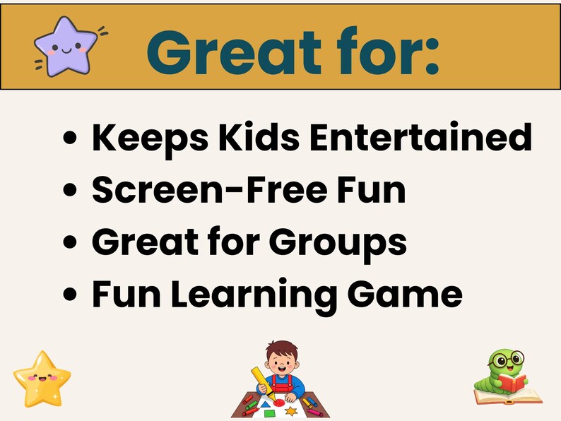 K&ouml;nnte beinhalten: Werbegrafik mit dem Text &bdquo;Ideal f&uuml;r:&ldquo; gefolgt von Aufz&auml;hlungspunkten: &bdquo;Unterhaltung f&uuml;r Kinder&ldquo;, &bdquo;Bildschirmfreier Spa&szlig;&ldquo;, &bdquo;Ideal f&uuml;r Gruppen&ldquo; und &bdquo;Lustiges Lernspiel&ldquo;. Das Bild enth&auml;lt Cartoon-Sterne und ein zeichnendes Kind.