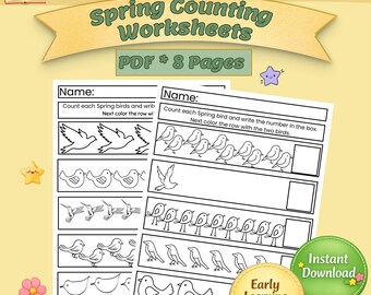 Spring Counting Worksheet Kid Count & Color Math Printable Preschool Kindergarten Spring Activity Early Math Numbers Homeschool Children