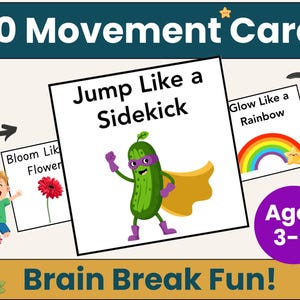 May include: A set of 120 movement cards for ages 3-8, featuring illustrations and instructions. The cards include phrases like "Jump Like a Sidekick" and "Glow Like a Rainbow." The design incorporates a cartoon pickle superhero and a rainbow.