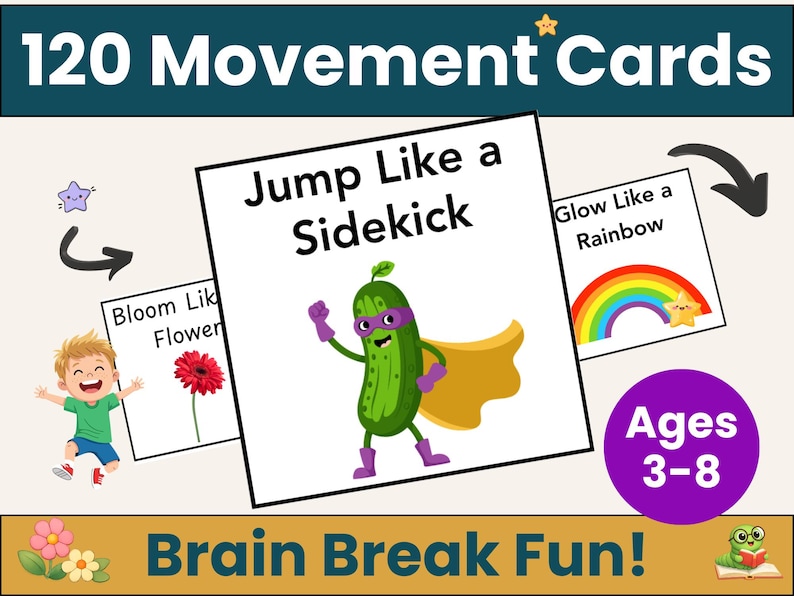 May include: A set of 120 movement cards for ages 3-8, featuring illustrations and instructions. The cards include phrases like "Jump Like a Sidekick" and "Glow Like a Rainbow." The design incorporates a cartoon pickle superhero and a rainbow.