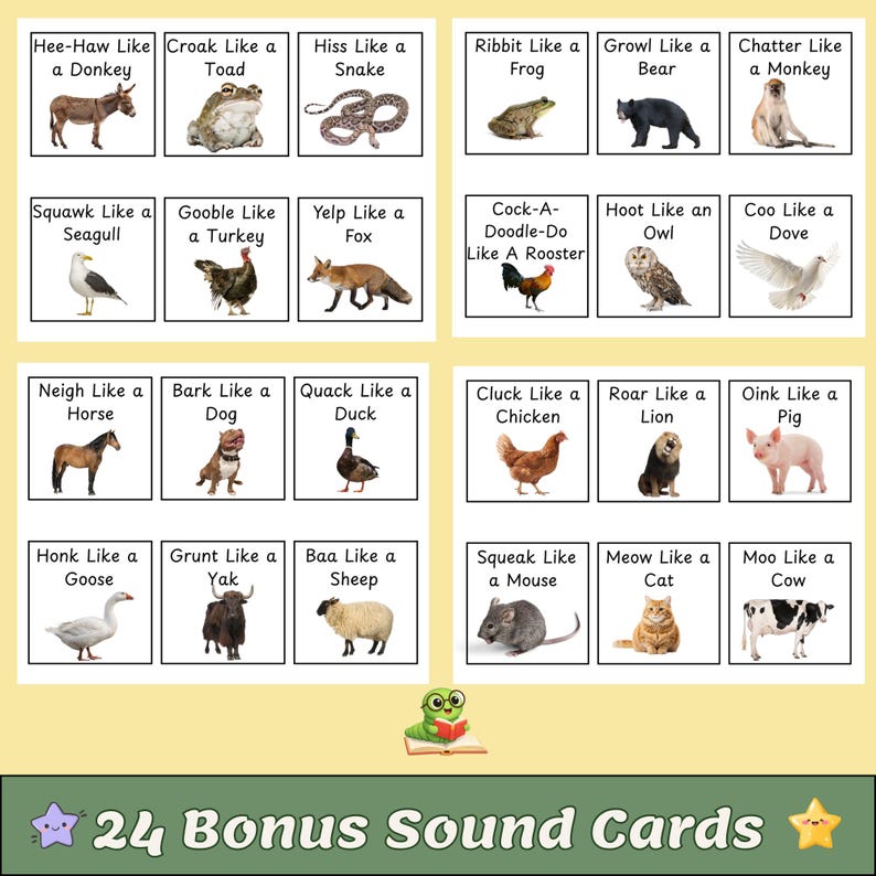 May include: A set of 24 bonus sound cards featuring illustrations of animals and their corresponding sounds. Each card displays an animal such as a donkey, frog, snake, and more, along with the sound they make. The cards are arranged in a grid format.