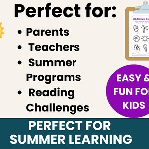 K&ouml;nnte beinhalten: Ein Lesetracker auf einem Klemmbrett mit Sommerillustrationen. Text enth&auml;lt "Perfekt f&uuml;r: Eltern, Lehrer, Sommerprogramme, Lesewettbewerbe." Zus&auml;tzlicher Text: "Einfach & Spa&szlig; f&uuml;r Kinder" und "Perfekt f&uuml;r Sommerlernen."