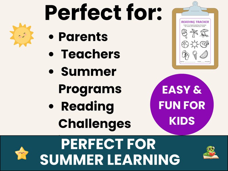 K&ouml;nnte beinhalten: Ein Lesetracker auf einem Klemmbrett mit Sommerillustrationen. Text enth&auml;lt "Perfekt f&uuml;r: Eltern, Lehrer, Sommerprogramme, Lesewettbewerbe." Zus&auml;tzlicher Text: "Einfach & Spa&szlig; f&uuml;r Kinder" und "Perfekt f&uuml;r Sommerlernen."