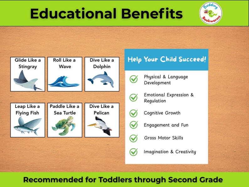 May include: An educational graphic with the title "Educational Benefits" and the Budding Bookworms logo. It features illustrations of sea creatures and text like "Help Your Child Succeed!" and "Recommended for Toddlers through Second Grade."