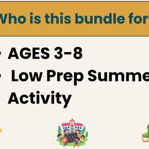 K&ouml;nnte beinhalten: Bild mit Text: &bdquo;F&uuml;r wen ist dieses Bundle?&ldquo; gefolgt von &bdquo;ALTER 3-8&ldquo; und &bdquo;Sommeraktivit&auml;t mit geringem Aufwand&ldquo;. Enth&auml;lt Cartoon-Illustrationen eines Sterns, eines Schulhauses und eines B&uuml;cherwurms, der ein Buch liest.