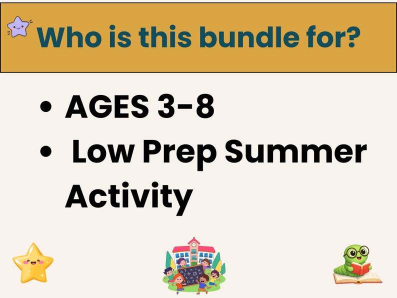 K&ouml;nnte beinhalten: Bild mit Text: &bdquo;F&uuml;r wen ist dieses Bundle?&ldquo; gefolgt von &bdquo;ALTER 3-8&ldquo; und &bdquo;Sommeraktivit&auml;t mit geringem Aufwand&ldquo;. Enth&auml;lt Cartoon-Illustrationen eines Sterns, eines Schulhauses und eines B&uuml;cherwurms, der ein Buch liest.