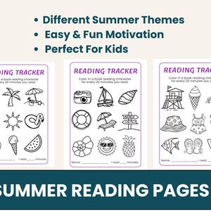 K&ouml;nnte beinhalten: Sechs sommerliche Lesetracker-Seiten mit Schwarz-Wei&szlig;-Illustrationen. Jede Seite zeigt Sommer-Icons wie Eis, Sonnenschirme und Sonnen. Der Text lautet "Reading Tracker" und "6 SUMMER READING PAGES."