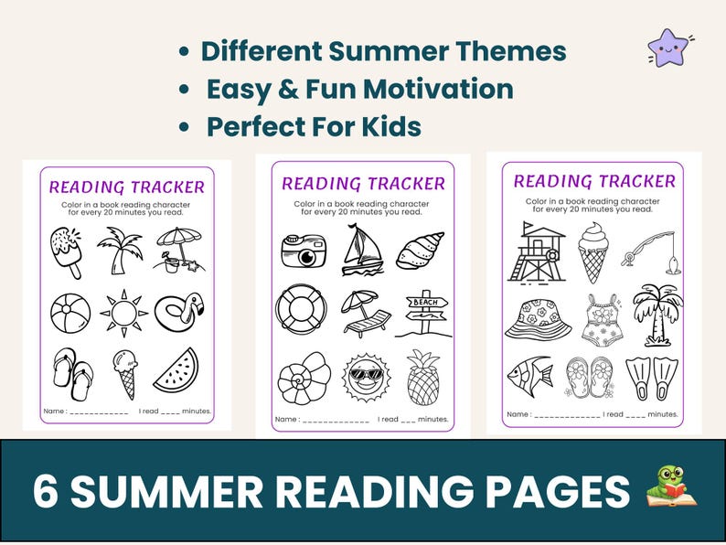 K&ouml;nnte beinhalten: Sechs sommerliche Lesetracker-Seiten mit Schwarz-Wei&szlig;-Illustrationen. Jede Seite zeigt Sommer-Icons wie Eis, Sonnenschirme und Sonnen. Der Text lautet "Reading Tracker" und "6 SUMMER READING PAGES."