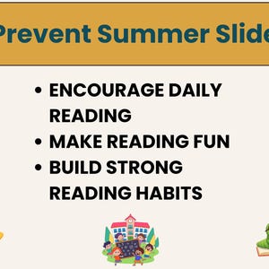 K&ouml;nnte beinhalten: Ein Poster mit dem Text "Prevent Summer Slide" in T&uuml;rkis und Gold. Es listet M&ouml;glichkeiten auf, das Lesen zu f&ouml;rdern: "T&auml;gliches Lesen f&ouml;rdern", "Lesen zum Vergn&uuml;gen machen" und "Starke Lesegewohnheiten aufbauen".