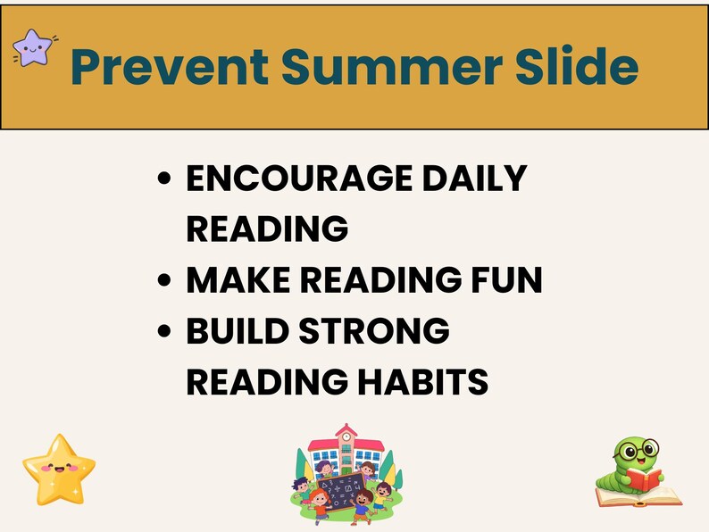 K&ouml;nnte beinhalten: Ein Poster mit dem Text "Prevent Summer Slide" in T&uuml;rkis und Gold. Es listet M&ouml;glichkeiten auf, das Lesen zu f&ouml;rdern: "T&auml;gliches Lesen f&ouml;rdern", "Lesen zum Vergn&uuml;gen machen" und "Starke Lesegewohnheiten aufbauen".