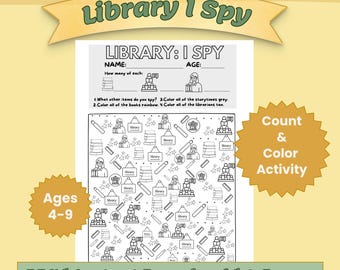 Library I Spy Activity for Kids  Count & Color Worksheet  Printable Library Skills Game  Preschool–2nd Grade Literacy Center