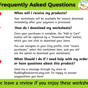 May include: A green and white graphic with the text "Frequently Asked Questions" and answers about downloading worksheets. Includes the Etsy store URL and a request to leave a review.