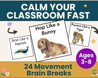 Animal Brain Break Movement Cards | Classroom Movement Activities for Preschool & Kindergarten | Gross Motor Action Cards for Kids