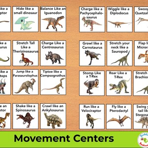 May include: A collection of illustrated cards featuring various dinosaurs and associated actions, such as "Chase like a Utahraptor" and "Stomp like a T-Rex." The cards are arranged in a grid, with the title "Movement Centers" at the bottom.