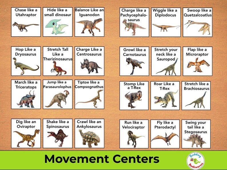 May include: A collection of illustrated cards featuring various dinosaurs and associated actions, such as "Chase like a Utahraptor" and "Stomp like a T-Rex." The cards are arranged in a grid, with the title "Movement Centers" at the bottom.