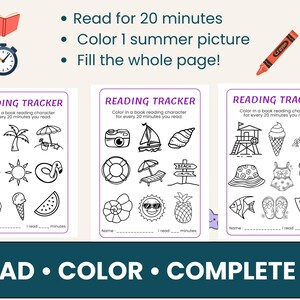 K&ouml;nnte beinhalten: Drei sommerliche Lesetracker-Seiten mit Schwarz-Wei&szlig;-Illustrationen von Strandartikeln. Der Text lautet "20 Minuten lesen, 1 Sommerbild ausmalen, Die ganze Seite ausf&uuml;llen!" und "READ &bull; COLOR &bull; COMPLETE."