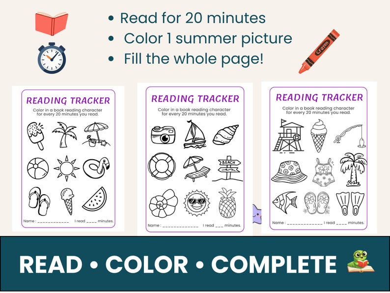 K&ouml;nnte beinhalten: Drei sommerliche Lesetracker-Seiten mit Schwarz-Wei&szlig;-Illustrationen von Strandartikeln. Der Text lautet "20 Minuten lesen, 1 Sommerbild ausmalen, Die ganze Seite ausf&uuml;llen!" und "READ &bull; COLOR &bull; COMPLETE."