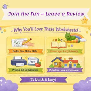 K&ouml;nnte beinhalten: Eine farbenfrohe Grafik, die Arbeitsbl&auml;tter bewirbt, mit Text wie "Join the Fun - Leave a Review" und "Why You'll Love These Worksheets!". Das Bild enth&auml;lt Illustrationen von Schreiben, einem Buch, einem Drucker und H&auml;usern, mit Text wie "Builds Fine Motor Skills" und "Print & Go Convenience".