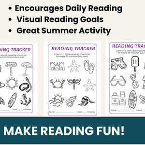 K&ouml;nnte beinhalten: Leseblatt-Tracker mit Illustrationen zum Thema Sommer. Jedes Blatt hat einen Bereich, um die Lesezeit zu verfolgen und f&ouml;rdert das t&auml;gliche Lesen. Das Bild enth&auml;lt auch den Text "Encourages Daily Reading", "Visual Reading Goals" und "Great Summer Activity".