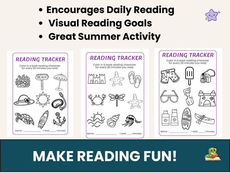 K&ouml;nnte beinhalten: Leseblatt-Tracker mit Illustrationen zum Thema Sommer. Jedes Blatt hat einen Bereich, um die Lesezeit zu verfolgen und f&ouml;rdert das t&auml;gliche Lesen. Das Bild enth&auml;lt auch den Text "Encourages Daily Reading", "Visual Reading Goals" und "Great Summer Activity".