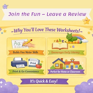 May include: A colorful educational graphic with the text "Join the Fun - Leave a Review" and "Why You'll Love These Worksheets!". The image includes illustrations of a hand writing, a caterpillar, a printer, and houses, with text such as "Builds Fine Motor Skills".
