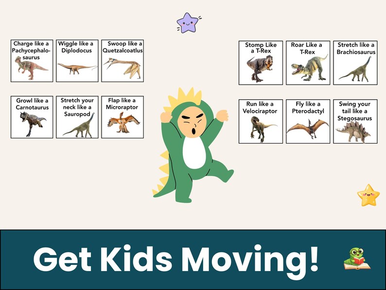 May include: A colorful educational graphic with dinosaur illustrations and the text "Get Kids Moving!". The image features a child in a green dinosaur costume, surrounded by dinosaur actions like "Stomp Like a T-Rex" and "Swing your tail like a Stegosaurus."