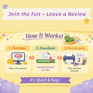 May include: An illustrated infographic with the text "Join the Fun - Leave a Review" and "How It Works!". The steps are "Purchase", "Download", and "Print & Learn". The text "It's Quick & Easy!" is also included.