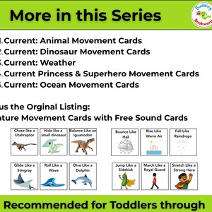 May include: Educational cards for toddlers and children. The image shows a series of cards with various themes, including animal, dinosaur, weather, princess & superhero, and ocean movement cards. The cards feature illustrations and text, such as "Chase like a Utahraptor."
