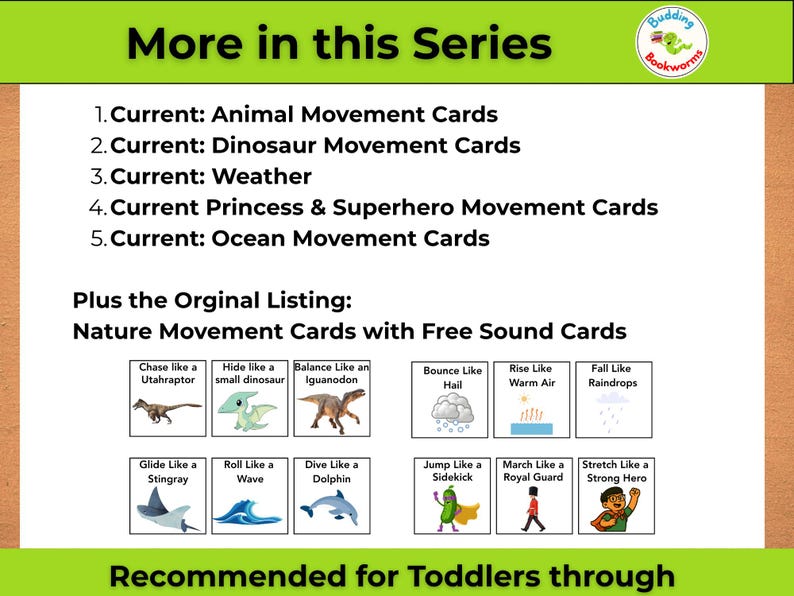 May include: Educational cards for toddlers and children. The image shows a series of cards with various themes, including animal, dinosaur, weather, princess & superhero, and ocean movement cards. The cards feature illustrations and text, such as "Chase like a Utahraptor."