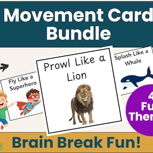 Pode incluir: Imagem promocional de um "Movement Card Bundle". Os cart&otilde;es apresentam ilustra&ccedil;&otilde;es e prompts de texto como "Fly Like a Superhero", "Prowl Like a Lion" e "Splash Like a Whale". O texto "Brain Break Fun!" tamb&eacute;m est&aacute; inclu&iacute;do.