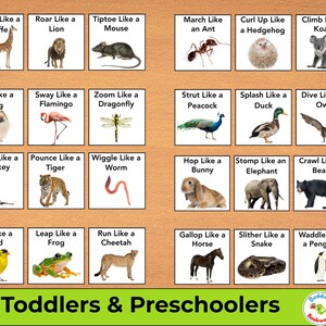 May include: Educational flashcards for toddlers and preschoolers. Each card features an animal and an action, such as "Stretch Like a Giraffe" or "Roar Like a Lion." The cards are arranged in a grid on a light brown background, with the text "Toddlers & Preschoolers" at the bottom.