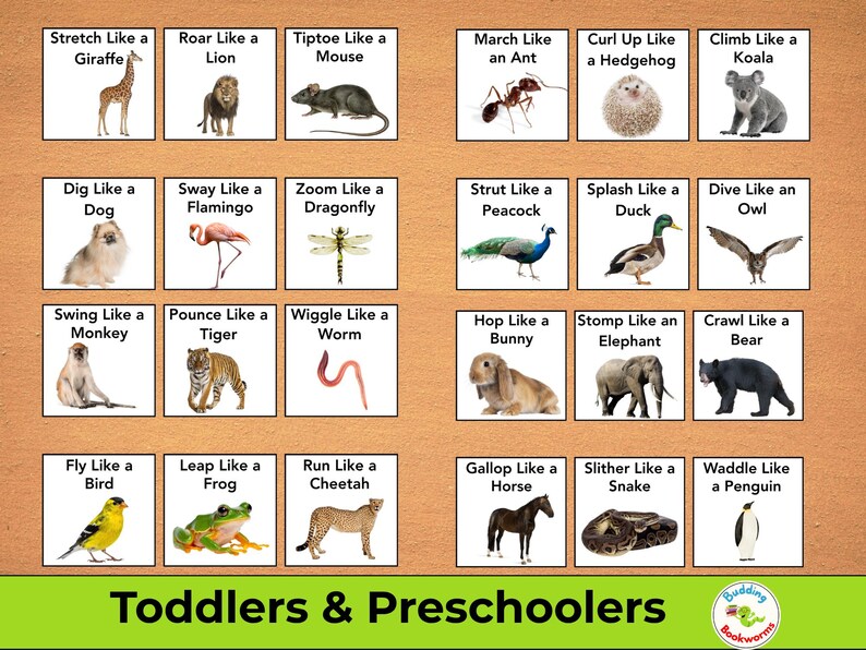 May include: Educational flashcards for toddlers and preschoolers. Each card features an animal and an action, such as "Stretch Like a Giraffe" or "Roar Like a Lion." The cards are arranged in a grid on a light brown background, with the text "Toddlers & Preschoolers" at the bottom.
