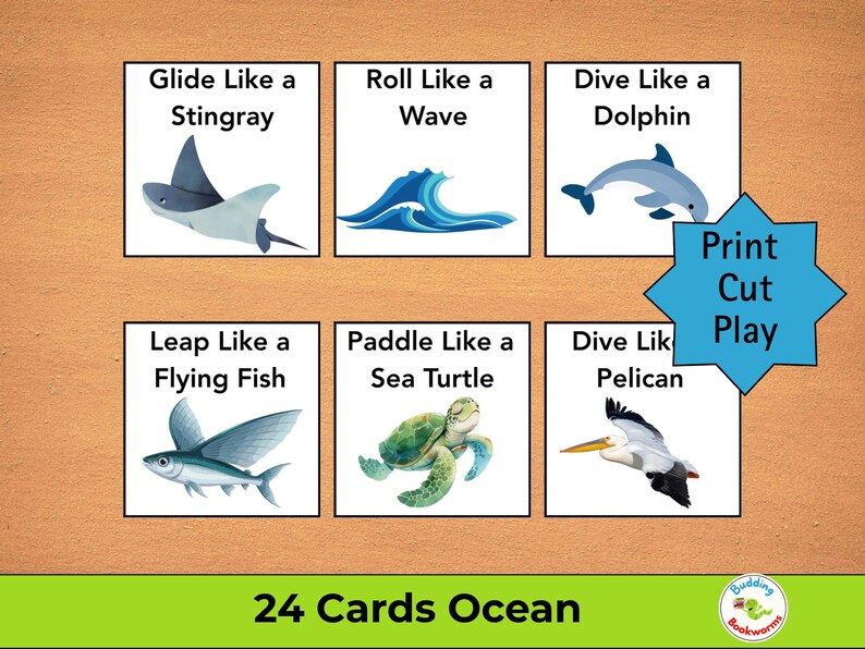 May include: Educational flashcards featuring ocean animals. Each card displays an animal with a corresponding action, such as "Glide Like a Stingray" or "Dive Like a Dolphin." The set includes a blue star with the text "Print Cut Play" and the words "24 Cards Ocean".
