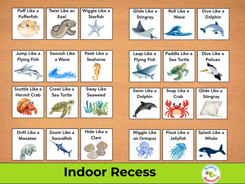 May include: A set of 20 illustrated cards with sea creatures and actions, such as "Puff Like a Pufferfish" and "Swim Like a Dolphin." The cards are arranged on a wooden background, with the words "Indoor Recess" at the bottom.