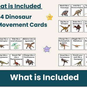May include: A set of 24 dinosaur movement cards. Each card features a different dinosaur and a corresponding action, such as "March like a Triceratops" or "Wiggle like a Diplodocus." The text "What is Included" is at the top.