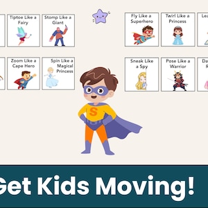 May include: An illustration with a superhero child and various action prompts. The prompts include "Run Like a Rescuer," "Tiptoe Like a Fairy," and "Get Kids Moving!" The child is wearing a yellow shirt with a blue cape and orange pants.