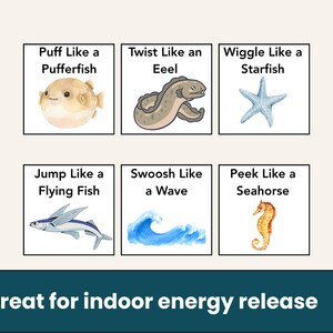 Pode incluir: Um cartaz educativo colorido com ilustra&ccedil;&otilde;es de criaturas marinhas, incluindo um baiacu, uma enguia, uma estrela-do-mar, um peixe voador, uma onda e um cavalo-marinho. O texto diz "Puff Like a Pufferfish", "Twist Like an Eel" e mais. O texto inferior diz "Great for indoor energy release."
