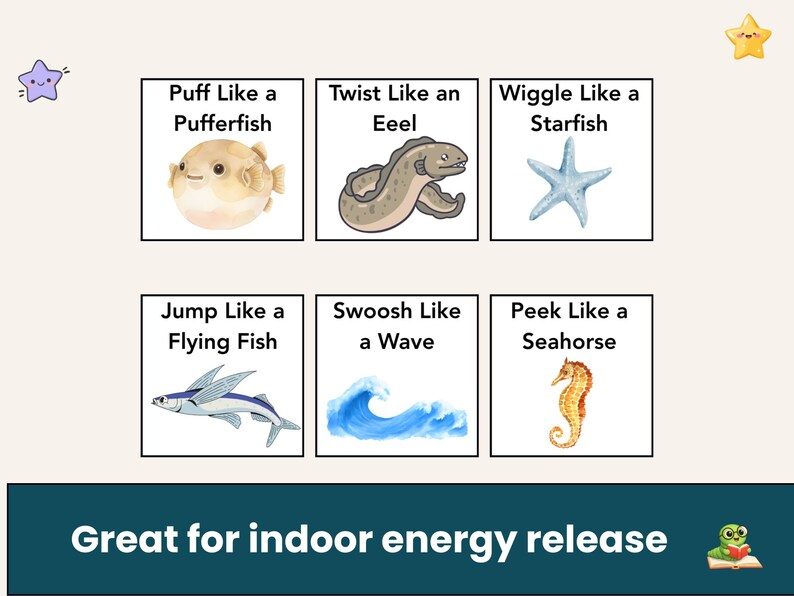 Pode incluir: Um cartaz educativo colorido com ilustra&ccedil;&otilde;es de criaturas marinhas, incluindo um baiacu, uma enguia, uma estrela-do-mar, um peixe voador, uma onda e um cavalo-marinho. O texto diz "Puff Like a Pufferfish", "Twist Like an Eel" e mais. O texto inferior diz "Great for indoor energy release."